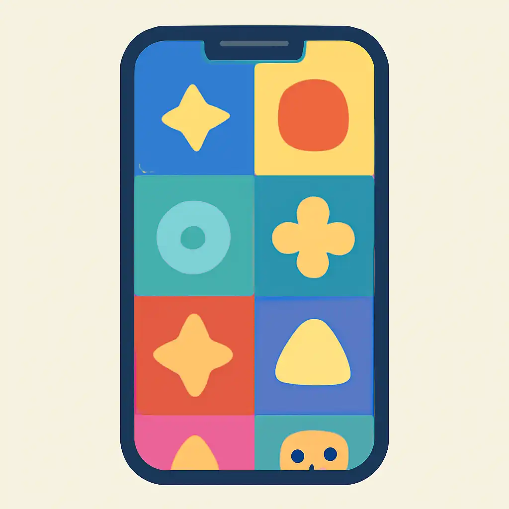 Smartphone shown from the front displaying a colourful flat layout of abstract game icons and rounded tiles (no text, no letters, no labels), L7 Lottery