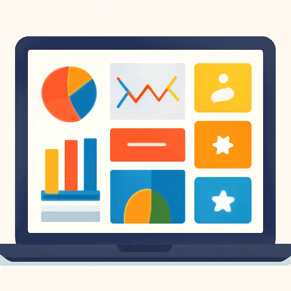 Laptop shown from the front displaying a colourful flat dashboard of abstract charts, bars and icon tiles (no text, no letters, no labels), L7 Lottery