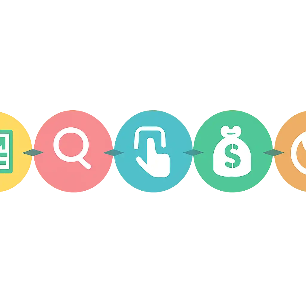Five numbered circular icons connected by arrows in a horizontal flow, flat illustration, icons only, no words, L7 Lottery steps